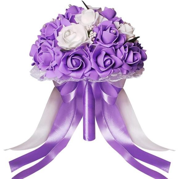 Wedding Bouquet for Bride, Artificial Purple Flower for Wedding,White & Lavender - Picture 6 of 7